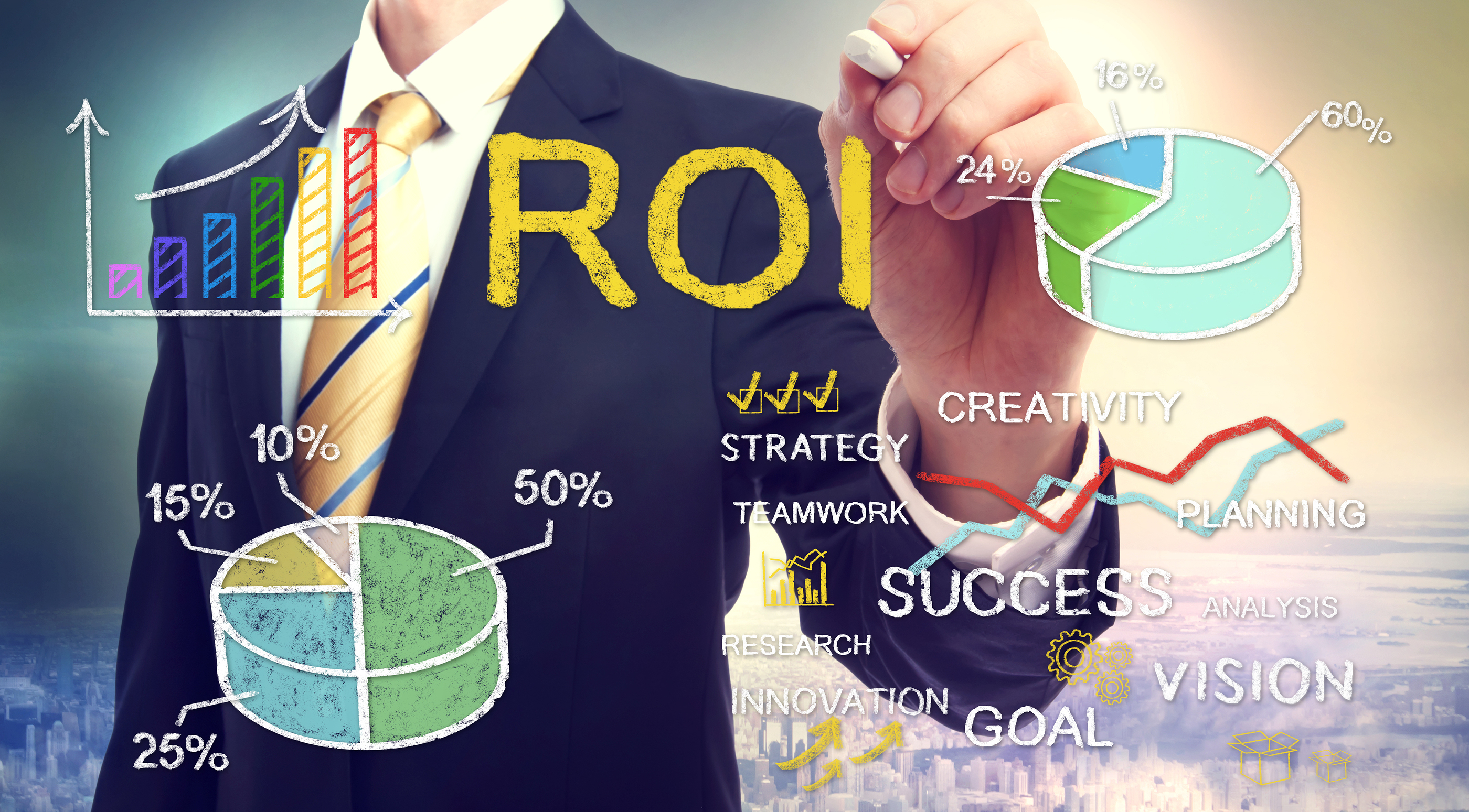 Businessman drawing ROI (return on investment) with graphs